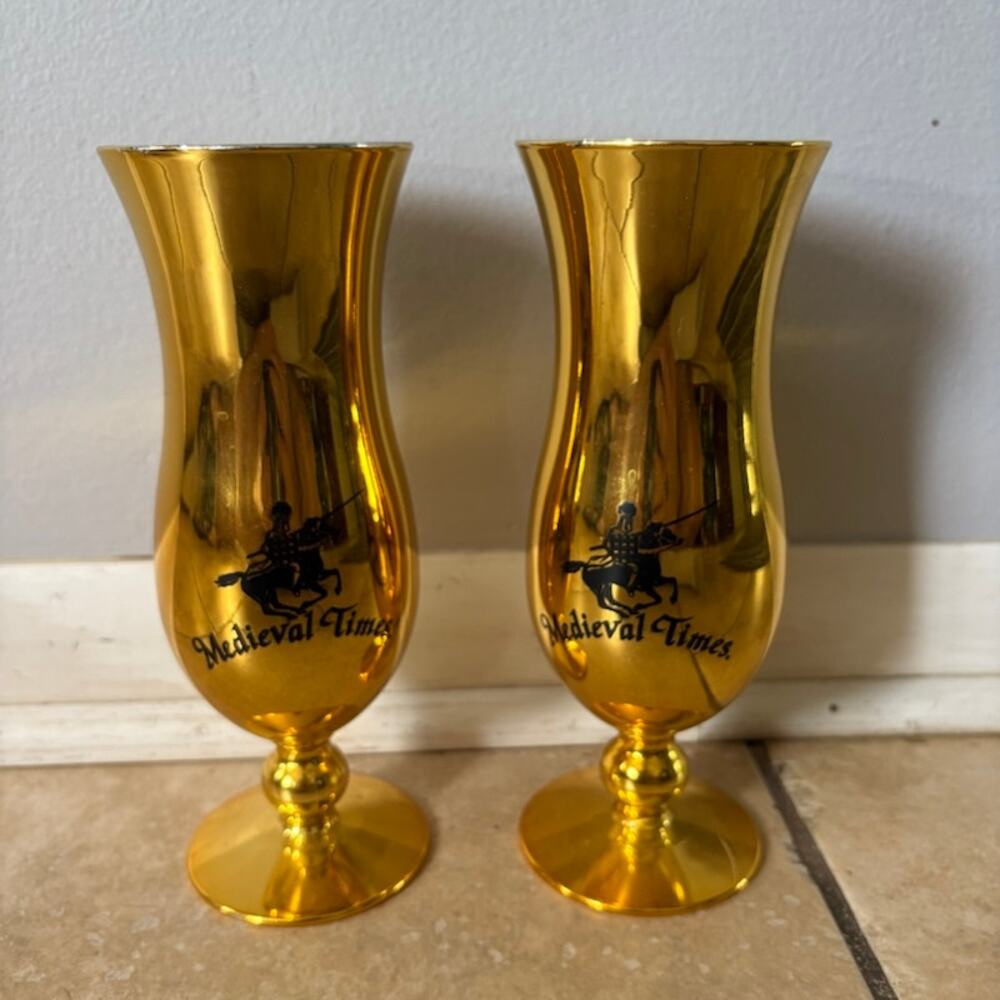 Set Of 2 Gold Medieval Times Goblet Dinner & Tournament Souvenir Knight Horse